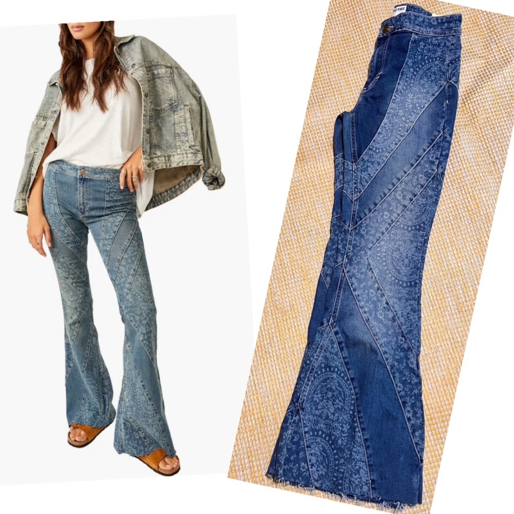 Free People  Mermaid Patchwork Flare Jeans in Low Tide sz 26
